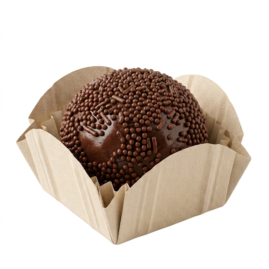 A brigadeiro rolled in chocolate sprinkles, resting in a kraft paper cup.